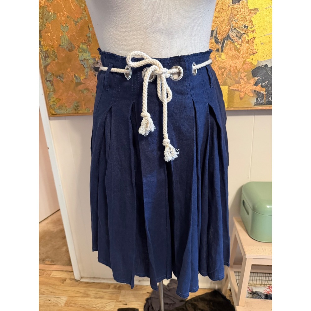 Boston Proper Navy Blue 100% Linen Pleated Rope Belt Skirt Size 6 NWT